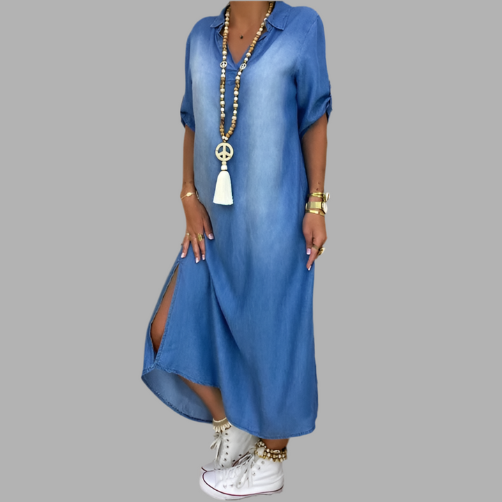 Orina™ lange jurk met zijsplit in jeanslook