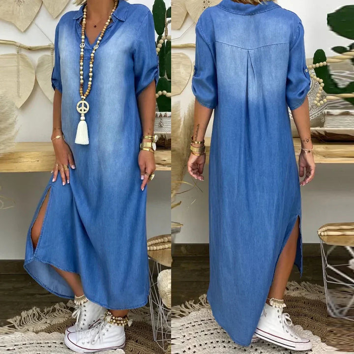 Orina™ lange jurk met zijsplit in jeanslook