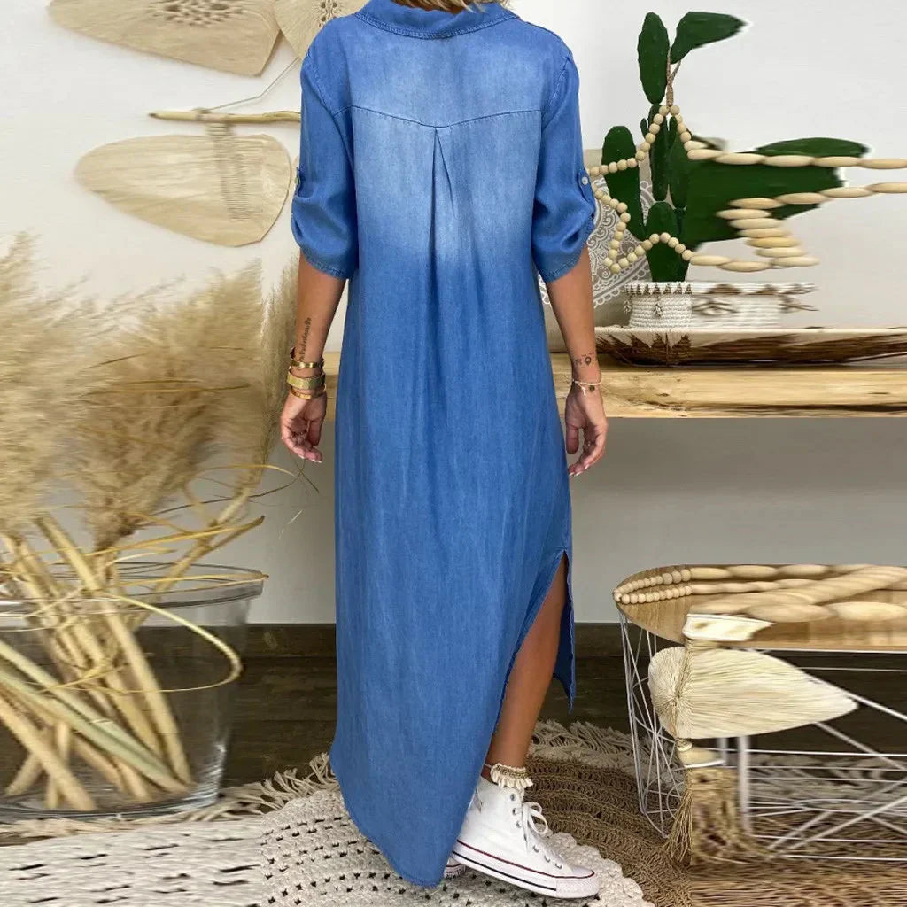 Orina™ lange jurk met zijsplit in jeanslook